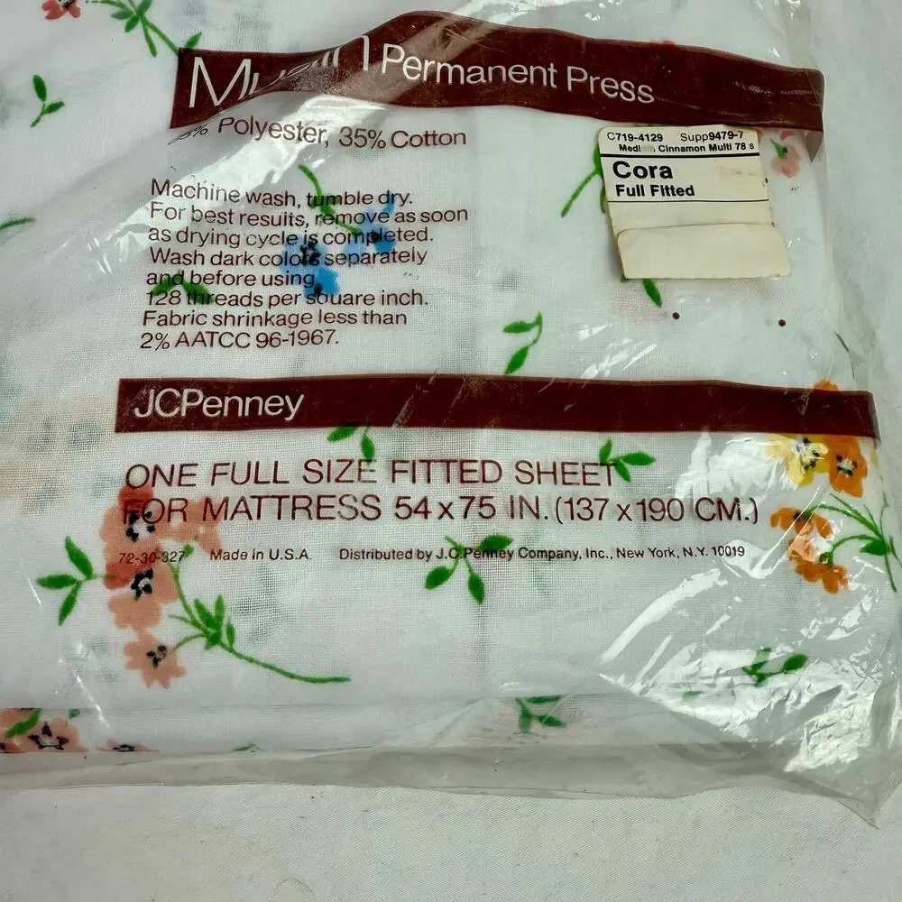 JCPenney NOS VTG Muslin White & Floral Print Cora Full Fitted Sheet In Package - Picture 4 of 5